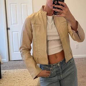 Vintage Cream Leather Moto Jacket with‎ Pink Top-stitching